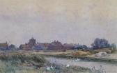 COTMAN Frederick George Geese Crossing A River, A Town Beyond COTMAN Frederick George Geese Crossing A River, A Town Beyond