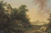 COY James B. A Wooded Coastal Landscape With Figures And A Pony Resting Beside A Path And A Ruined Tower COY James B. A Wooded Coastal Landscape With Figures And A Pony Resting Beside A Path And A Ruined Tower