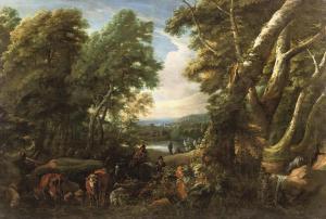 Jacques D Arthois - A Wooded Landscape With Shepherds And Cattle Resting Near Alake
