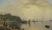 DANIELL William An Estuary In Devon, Possibly Torquay, With Figures And Small Boats In The Foreground And A Man-of-war At Anchor In The Background DANIELL William An Estuary In Devon, Possibly Torquay, With Figures And Small Boats In The Foreground And A Man-of-war At Anchor In The Background