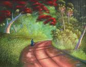 DANIELS johnny Florida Highwaymen Landscape With Mother And Child Walking Along A Dirt Road With Giant Poinciana Tree Overhanging DANIELS johnny Florida Highwaymen Landscape With Mother And Child Walking Along A Dirt Road With Giant Poinciana Tree Overhanging