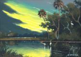 DANIELS WILLIE Dark Skies River Painting With Herons DANIELS WILLIE Dark Skies River Painting With Herons