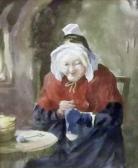 DAVIS H.B. Cottage Interior With Old Lady Darning DAVIS H.B. Cottage Interior With Old Lady Darning