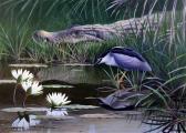 DAVIS John Crocodile And Heron Beside Lily Pads DAVIS John Crocodile And Heron Beside Lily Pads
