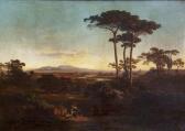 DAVISON William A Very Fine Panoramic Italiate Landscape With Figures And Animals Resting In Foreground By A Grove Of Trees, With Extensive View Of Rome Beyond, And Mountains In The Background, DAVISON William A Very Fine Panoramic Italiate Landscape With Figures And Animals Resting In Foreground By A Grove Of Trees, With Extensive View Of Rome Beyond, And Mountains In The Background,