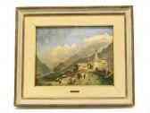 DE BILLE Alexandre European Mountainous Landscape With Village, Figures And Animals Below Snow Covered Mountain DE BILLE Alexandre European Mountainous Landscape With Village, Figures And Animals Below Snow Covered Mountain