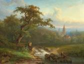 de BYLANDT Alfred Edouard Fisherman At A River, With A City In The Background de BYLANDT Alfred Edouard Fisherman At A River, With A City In The Background