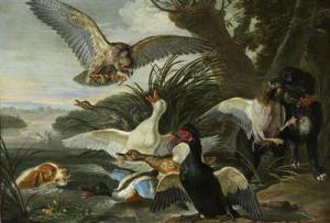 David De Coninck - A Landscape With Ducks Attacked By Two Springer Spaniels And A Buzzard