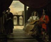 de HOOCH Pieter An Elegant Couple Playing Music On A Terrace Looking Out Over Acanal With A Maid Pouring Wine de HOOCH Pieter An Elegant Couple Playing Music On A Terrace Looking Out Over Acanal With A Maid Pouring Wine