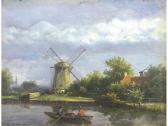 DE JONG J.G River Landscape With Figures In A Boat, A Windmill Nearby DE JONG J.G River Landscape With Figures In A Boat, A Windmill Nearby
