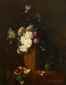 DE JOUFFROY MARTHE Mixed Flowers In A Vase With Durian Fruit On A Tabletop DE JOUFFROY MARTHE Mixed Flowers In A Vase With Durian Fruit On A Tabletop