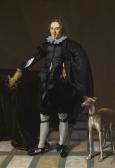 de KEYSER Thomas Portrait Of A Gentleman, Full-length, Holding His Sword And A Hat, With A Dog In An Interior de KEYSER Thomas Portrait Of A Gentleman, Full-length, Holding His Sword And A Hat, With A Dog In An Interior