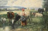 DE LANDSHEER FR Farmer's Wife With Cows Near The Watering Place DE LANDSHEER FR Farmer's Wife With Cows Near The Watering Place