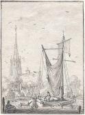 de MEYER Hendrick II Kleines Fischerboot Im Hafen, Im Hintergrund Eine Kirche de MEYER Hendrick II Kleines Fischerboot Im Hafen, Im Hintergrund Eine Kirche
