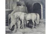 DE MONTMORENCY Louisa A Fine Stable Interior With Saddled White Horse, Dogs And Peregrine Falcons DE MONTMORENCY Louisa A Fine Stable Interior With Saddled White Horse, Dogs And Peregrine Falcons