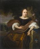 DE MOOR Carel Portrait Of A Lady, Three-quarter Length, In A Purple And Gold Dress, Holding A Watch, Seated Beside A Plinth With A Formal Garden And Country House Beyond DE MOOR Carel Portrait Of A Lady, Three-quarter Length, In A Purple And Gold Dress, Holding A Watch, Seated Beside A Plinth With A Formal Garden And Country House Beyond