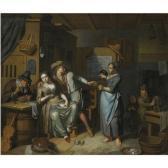 DECKER Frans A Household Scene With A Maid Pouring A Glass For A Man Carousing Aseated Woman Holding A Bowl, Another Man Seated Lighting His Pipe,and Two Children In The Background DECKER Frans A Household Scene With A Maid Pouring A Glass For A Man Carousing Aseated Woman Holding A Bowl, Another Man Seated Lighting His Pipe,and Two Children In The Background