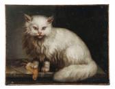 DELAMARRE Jacques Barthelemy A White Angora Cat On A Table Top With A Bird DELAMARRE Jacques Barthelemy A White Angora Cat On A Table Top With A Bird