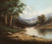 DeTREVILLE Richard River Through A California Landscape With A Distant Field Of Wildflowers DeTREVILLE Richard River Through A California Landscape With A Distant Field Of Wildflowers