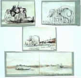 DORMER John Baptist Joseph Three Studies Of Elephants In Burma And A River Landscape DORMER John Baptist Joseph Three Studies Of Elephants In Burma And A River Landscape