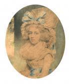 DOWNMAN John Portrait Of A Lady In A White Fichu, White Dress Trimmed With Blue Ribbons And A Beribboned Lace Mob Cap DOWNMAN John Portrait Of A Lady In A White Fichu, White Dress Trimmed With Blue Ribbons And A Beribboned Lace Mob Cap