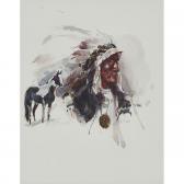 DROSKA JOHN American Indian In A Feathered Headdress His Stallion At His Side DROSKA JOHN American Indian In A Feathered Headdress His Stallion At His Side