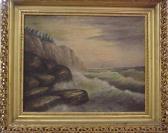 DU BOIS J. Seascape Of Waves Crashing Against Rocks At Base Of Cliff, Sailboats In Distance, Birds In Flight, Pink Overcast Sky DU BOIS J. Seascape Of Waves Crashing Against Rocks At Base Of Cliff, Sailboats In Distance, Birds In Flight, Pink Overcast Sky