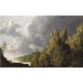 DUBUS MATHIEU An Extensive Rocky Landscape With Figures On A Path In Theforeground DUBUS MATHIEU An Extensive Rocky Landscape With Figures On A Path In Theforeground