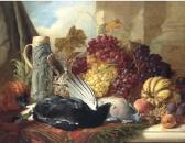 DUFFIELD William D. Still Life Of Black Cock, Wood Pigeon, A Stein, Silver Gilt Claret Jug And Red Grapes, A Gourd, Peaches, Plums, Whitecurrants And Raspberries On A Marble Ledge DUFFIELD William D. Still Life Of Black Cock, Wood Pigeon, A Stein, Silver Gilt Claret Jug And Red Grapes, A Gourd, Peaches, Plums, Whitecurrants And Raspberries On A Marble Ledge