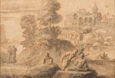 DUGHET Gaspard Vue De Ville Au Bord D'un Fleuve, Avec Un Temple Antique Et Des Ruines, Et Personnages Conversant DUGHET Gaspard Vue De Ville Au Bord D'un Fleuve, Avec Un Temple Antique Et Des Ruines, Et Personnages Conversant