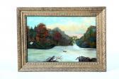 EARLY Albert Lake With A Sailboat And Fisherman In The Foreground EARLY Albert Lake With A Sailboat And Fisherman In The Foreground