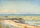 EGE Mogens View Of A Coast With A Dinghy On The Shore And Ships In The Distance EGE Mogens View Of A Coast With A Dinghy On The Shore And Ships In The Distance