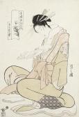 EISHI Hosoda Jibukyo Toki. The Courtesan Komurasaki, Kneeling Before A Wad Of Kaishi , Unfurling A Love Letter EISHI Hosoda Jibukyo Toki. The Courtesan Komurasaki, Kneeling Before A Wad Of Kaishi , Unfurling A Love Letter