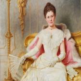 EKWALL Knut Interior With An Elegant Woman In White Evening Dress, Long Gloves And A Fan EKWALL Knut Interior With An Elegant Woman In White Evening Dress, Long Gloves And A Fan