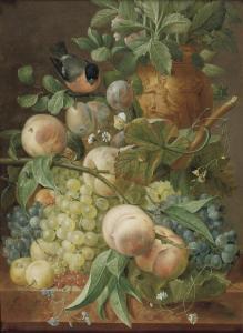 Jan Frans Eliaerts - Grapes, Peaches, Berries And Other Fruit With A Bird Near A Sculpted Vase, All On A Marble Ledge