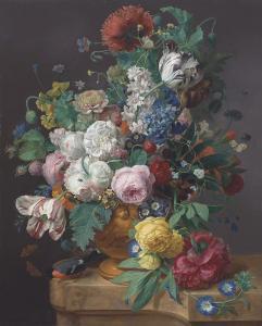 Jan Frans Eliaerts - Tulips, Peonies, Daffodils And Other Flowers In A Terracotta Vase