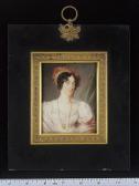 ENGLEHEART John Cox Dillman A Lady, Wearing White Dress With Frilled Neckline, Her Belt With Gilt-metal Clasp, A Gold Chain At Her Neck, A Red Silk Turban Held With A Gold Tiara In Her Brown, Curled Hair, A Shawl Around Her Shoulders, Green Curtain Background ENGLEHEART John Cox Dillman A Lady, Wearing White Dress With Frilled Neckline, Her Belt With Gilt-metal Clasp, A Gold Chain At Her Neck, A Red Silk Turban Held With A Gold Tiara In Her Brown, Curled Hair, A Shawl Around Her Shoulders, Green Curtain Background