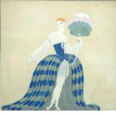 ERTE Woman In A Blue And Green Dress With A Fan Of Feathers ERTE Woman In A Blue And Green Dress With A Fan Of Feathers