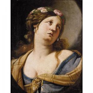 Luca Ferrari Da Reggio - Portrait Study Of A Woman, Bust-length, Wearing Roses In Her Hair