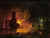 FIDANZA Francesco A Capriccio Of A Moonlit Mediterraneanharbour With A Coastal Tower And Figures On A Quayside Watching Atown Fire FIDANZA Francesco A Capriccio Of A Moonlit Mediterraneanharbour With A Coastal Tower And Figures On A Quayside Watching Atown Fire