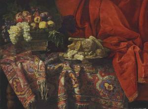 Francesco Fieravino Il Maltese - Grapes, Apples, A Pomegranate And Other Fruit With Sweetmeats On A Wooden Table Draped 