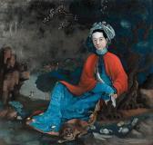 FINE Lou Painted With A Young Lady Reclining Against A Gnarled Tree Trunkwith Lush Foliage Entwined With White Flowering Branches, Wearing Apale Blue Dragon Robe Underneath A Red Cape, A Pug Dog Lying At Herfeet, Another In The Background Beside Rock Formations An FINE Lou Painted With A Young Lady Reclining Against A Gnarled Tree Trunkwith Lush Foliage Entwined With White Flowering Branches, Wearing Apale Blue Dragon Robe Underneath A Red Cape, A Pug Dog Lying At Herfeet, Another In The Background Beside Rock Formations An