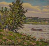 FISHER Hugo Melville Country Lakeside Scene With Mother And Child Strolling FISHER Hugo Melville Country Lakeside Scene With Mother And Child Strolling