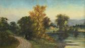 FISKE Stella Amanda Country River Landscape With Farmhouse FISKE Stella Amanda Country River Landscape With Farmhouse