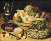 FLEGEL Georg Artichokes And Peas In The Pod In A Basket, A Joint Of Pork, Grapes, Onions And Cucumbers On A Platter, A Roemer And A Crayfish On A Pewter Dish, With A Pewter Flagon, An Ornate Knife, A Bread Roll, Plums, Peaches And Almonds On A Wooden Table FLEGEL Georg Artichokes And Peas In The Pod In A Basket, A Joint Of Pork, Grapes, Onions And Cucumbers On A Platter, A Roemer And A Crayfish On A Pewter Dish, With A Pewter Flagon, An Ornate Knife, A Bread Roll, Plums, Peaches And Almonds On A Wooden Table
