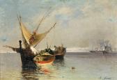 FOSSATI Agostino Barca Con Pescatore E Navi Nel Golfo FOSSATI Agostino Barca Con Pescatore E Navi Nel Golfo