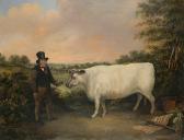 FOSTER George A Portrait Of A Prize White Heifer With A Farmer, An Extensive Landscape Beyond FOSTER George A Portrait Of A Prize White Heifer With A Farmer, An Extensive Landscape Beyond