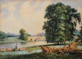 FOWLER William Shepherd With Sheep In A Parkland Setting With Arched Bridge FOWLER William Shepherd With Sheep In A Parkland Setting With Arched Bridge