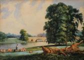 FOWLER William Shepherd With Sheep In A Parkland Setting With Arched Bridge FOWLER William Shepherd With Sheep In A Parkland Setting With Arched Bridge