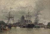 FRANK-BOGGS Dordrecht Harbor With Shipping And Cathedral FRANK-BOGGS Dordrecht Harbor With Shipping And Cathedral